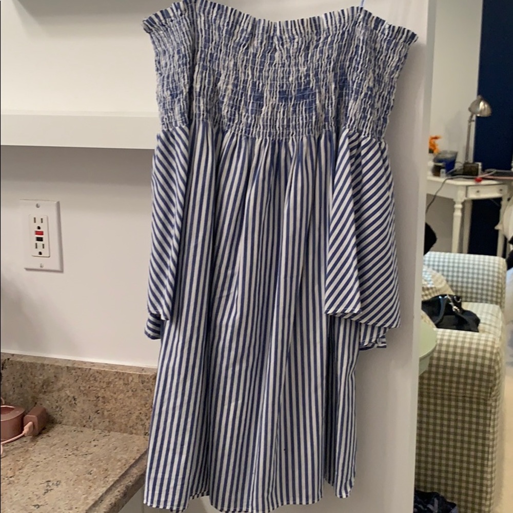 Mini off shoulder blue and white stripe dress